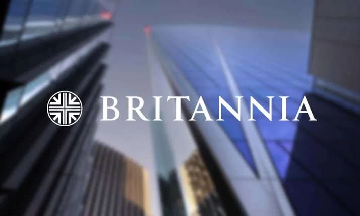 Britannia wordmark on a photograph of modern buildings