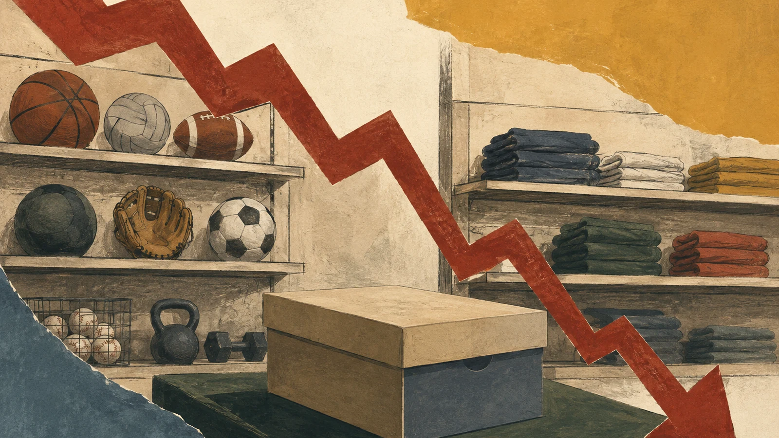 Editorial illustration of sporting-goods shelves and a sneaker box beside a steep downward market shape