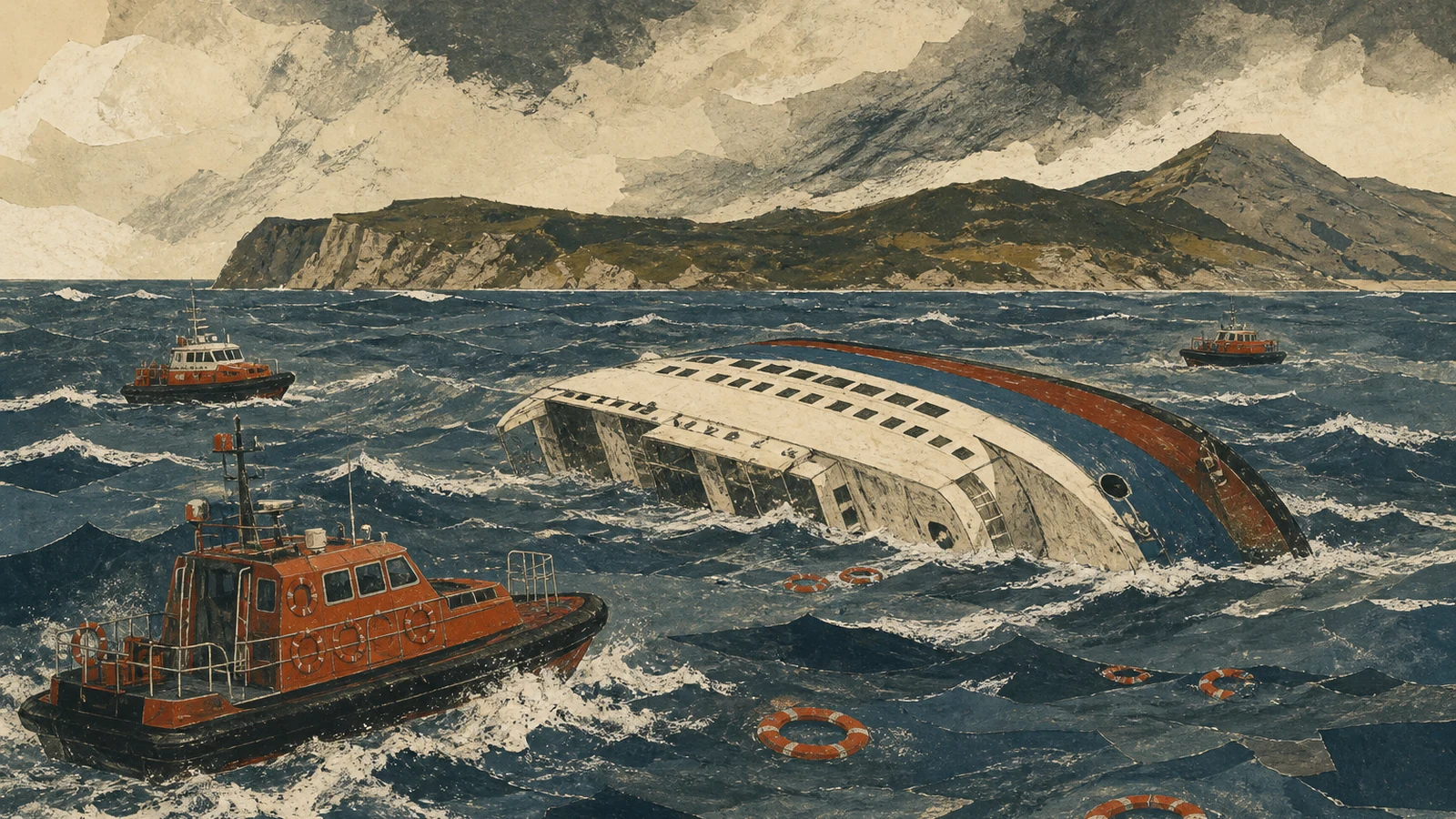 Editorial illustration of an overturned passenger ferry, rescue boats, and life rings off an island coast
