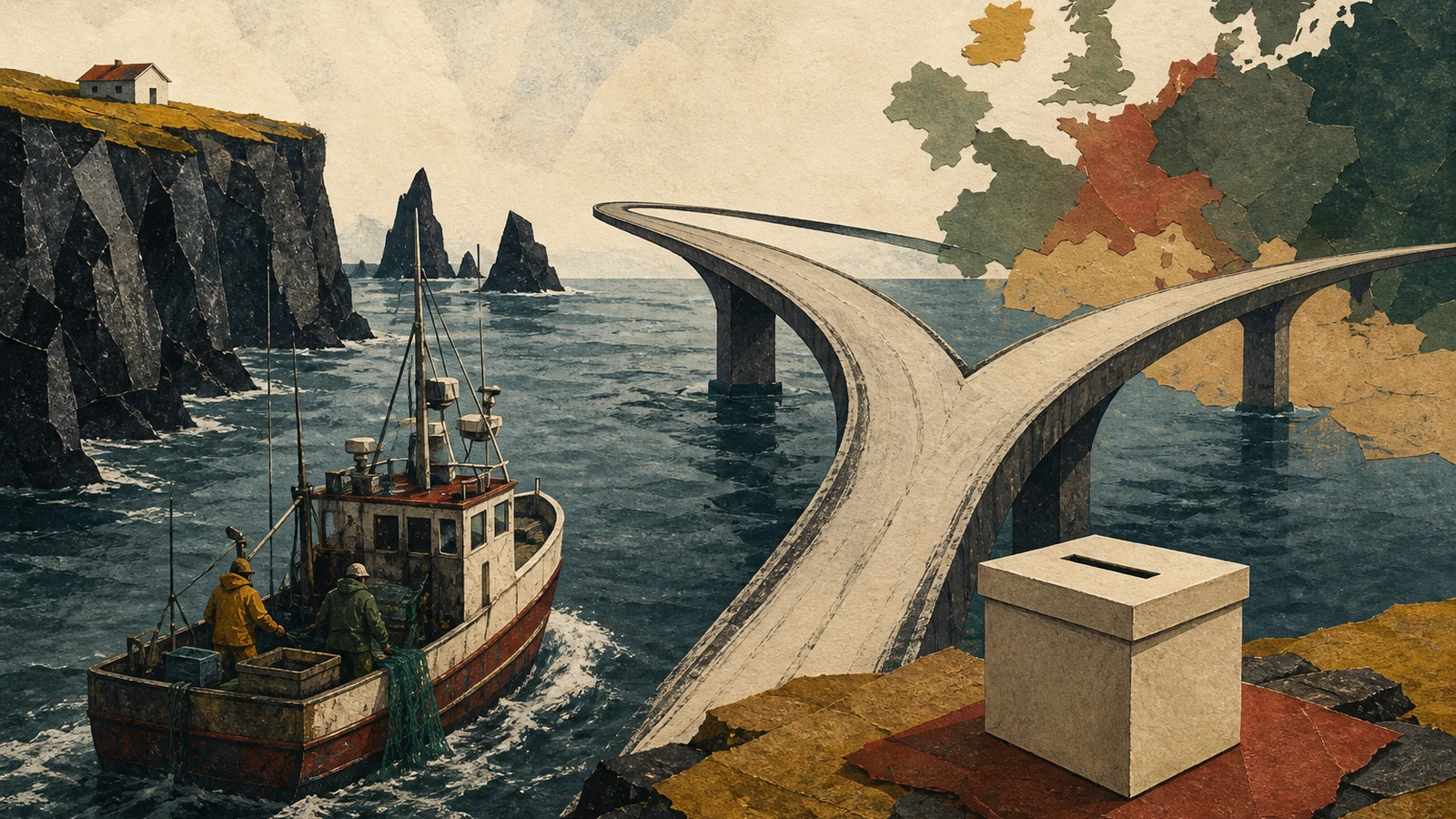 Editorial illustration of an Icelandic fishing boat facing a forked bridge toward continental Europe