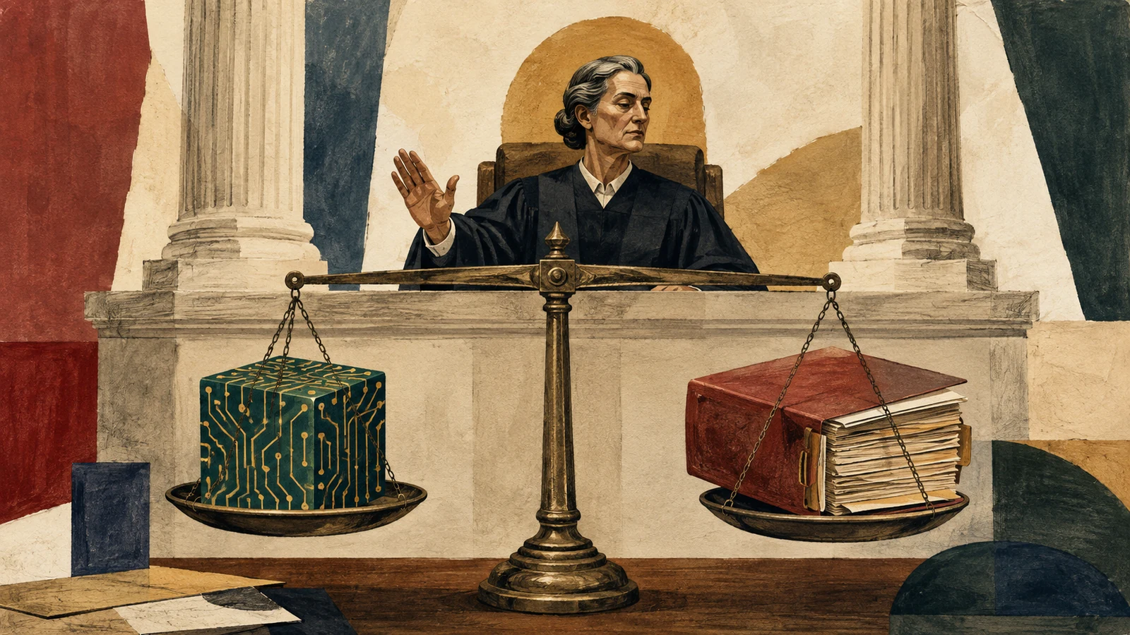 Editorial illustration of courthouse scales balancing a circuit-board cube and a procurement file