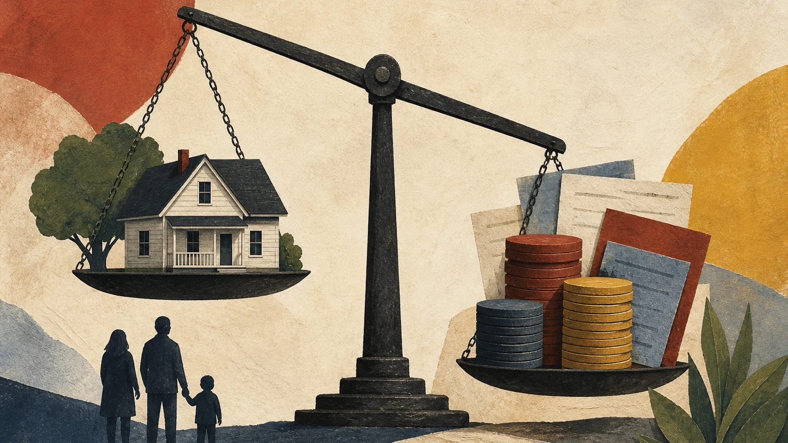 Editorial illustration of a modest house balanced against a growing stack of monthly payments