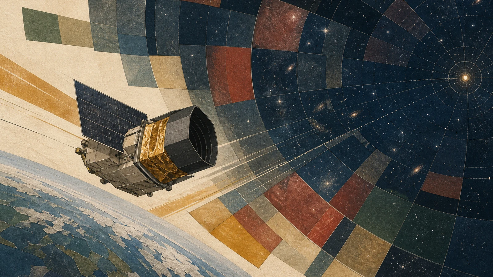 Editorial illustration of the Roman Space Telescope traveling from Earth toward deep space