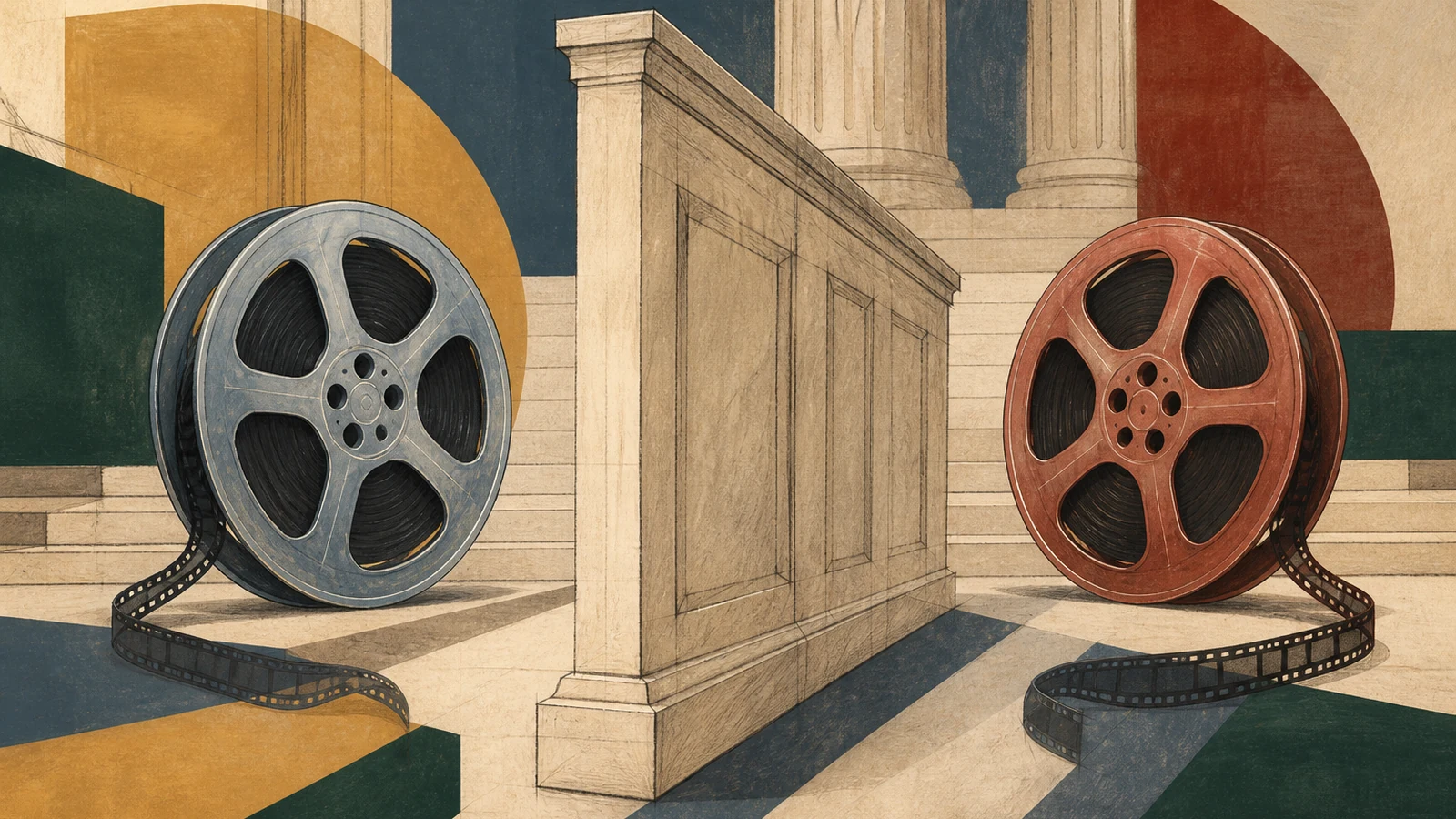 Editorial illustration of two film reels held apart by a courthouse barrier