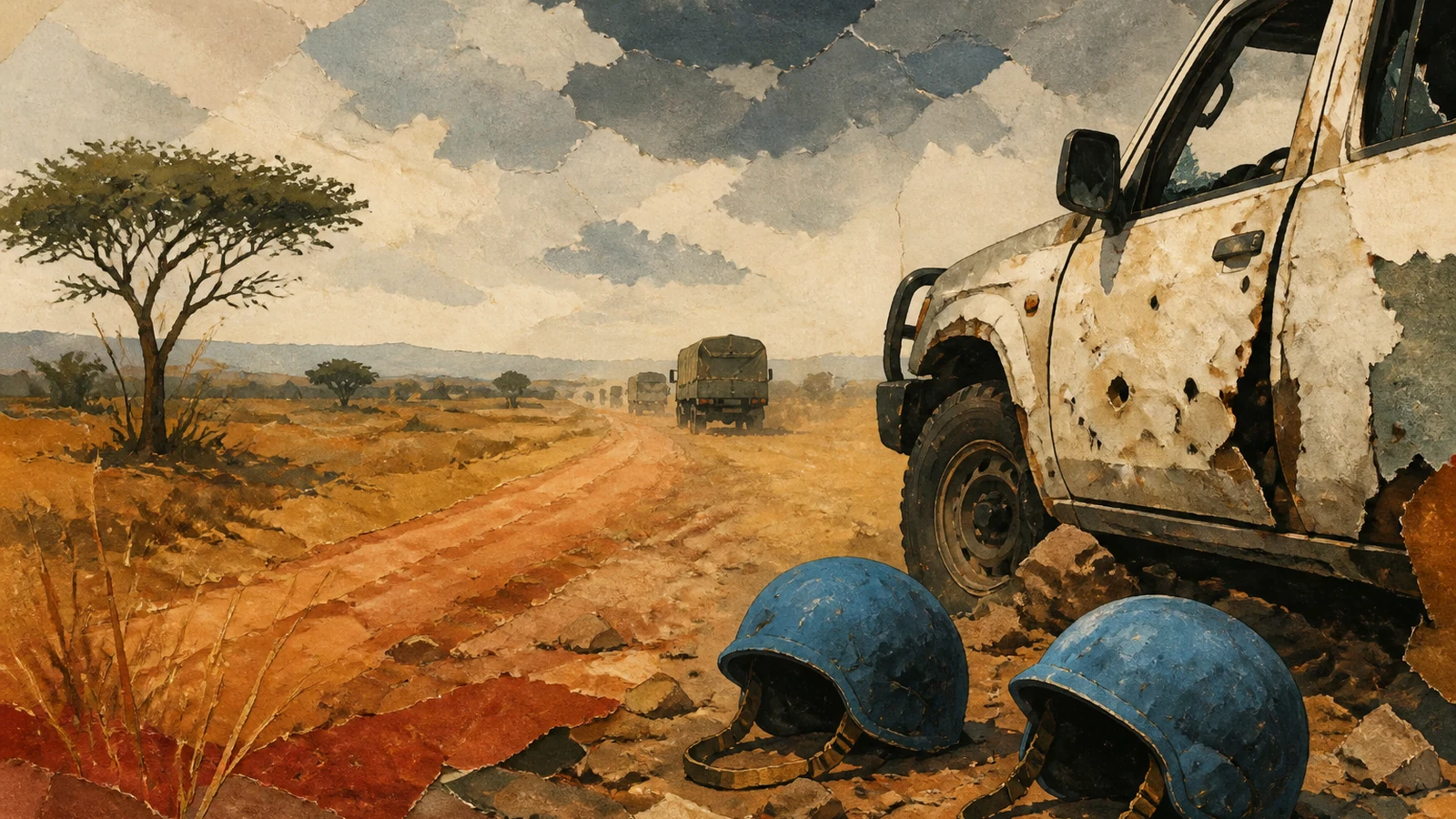 Solemn editorial illustration of peacekeeper helmets beside a damaged patrol vehicle on a remote road