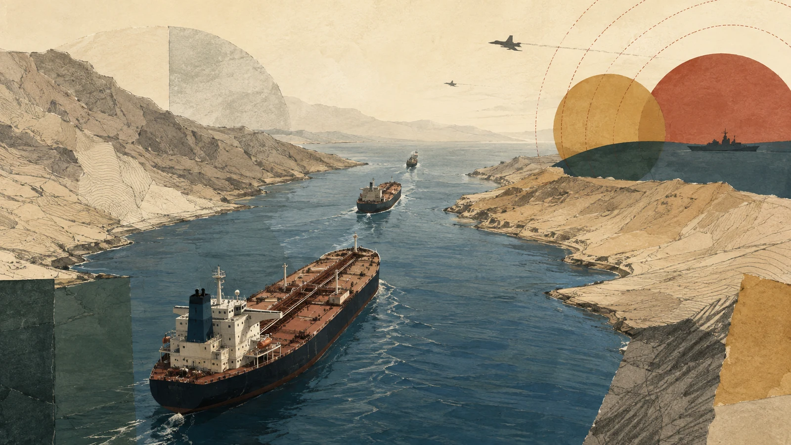 Editorial illustration of tankers navigating a narrow shipping channel amid distant military threats